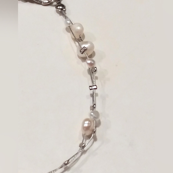 Double Strand Silver Wire Pearl Bracelet Dainty Silver Tone - Picture 3 of 6